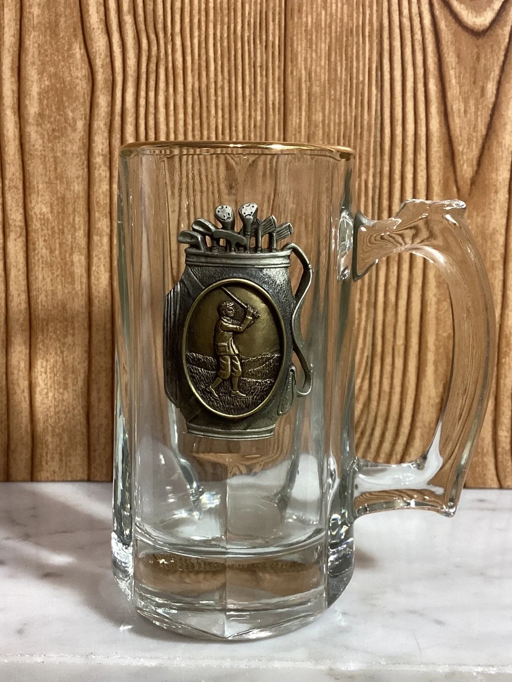 Glass Beer Stein with Brass Golf Emblem - Clear Raised Metal Medallion